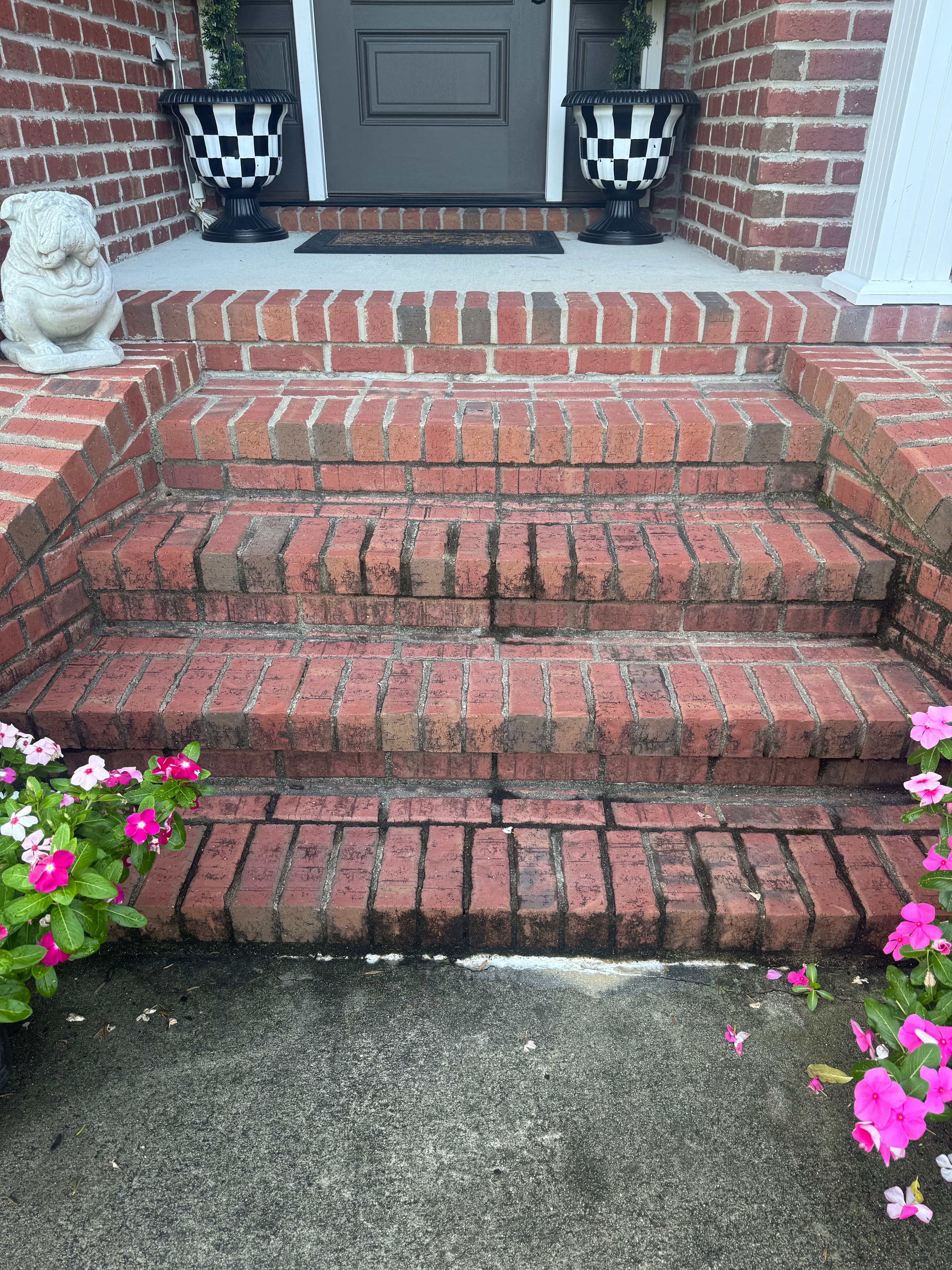 Brick front steps with moss and dark staining in Fayetteville NC before cleaning