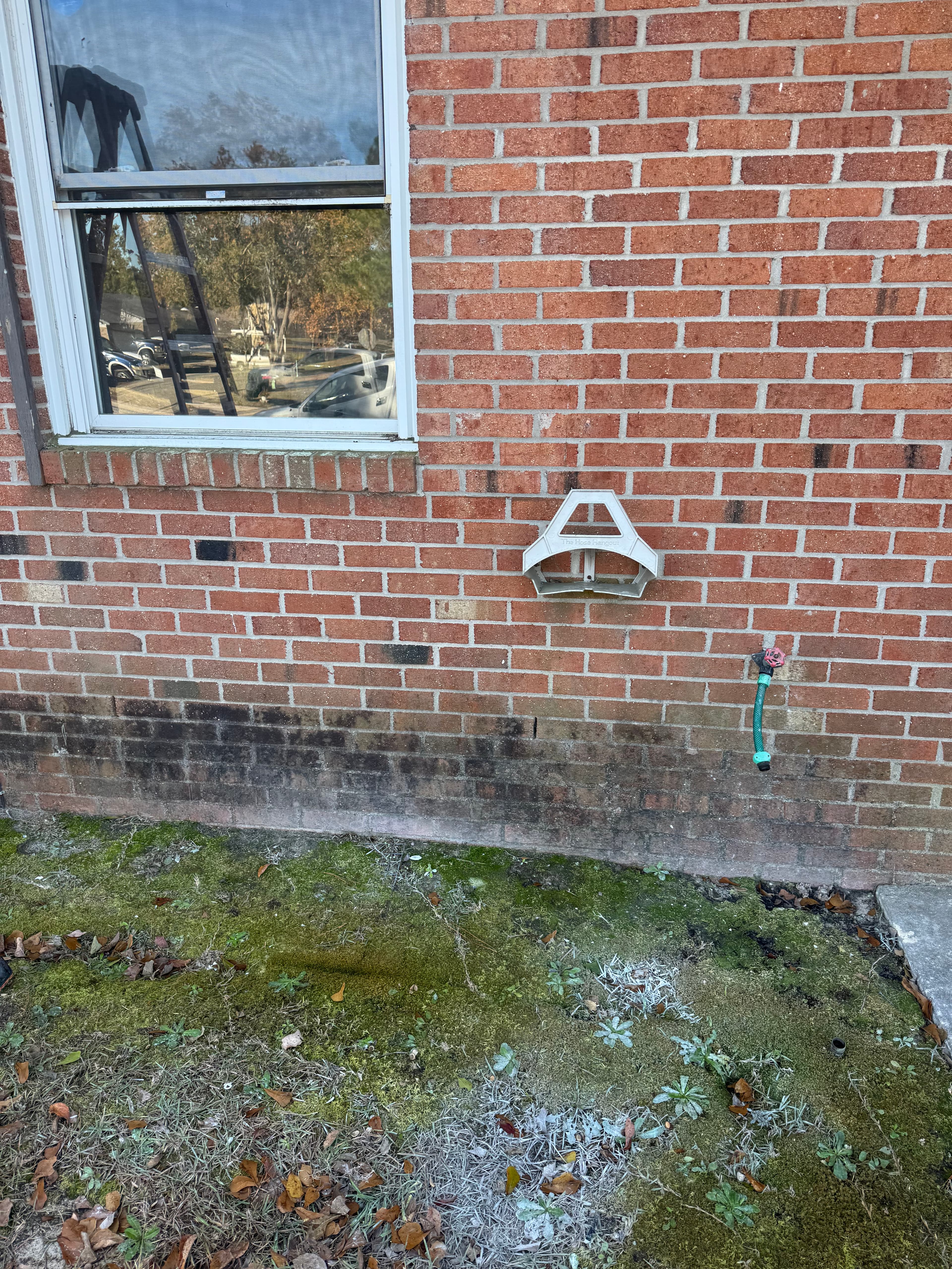 Brick home exterior with mold and grime buildup before soft washing in Fayetteville NC