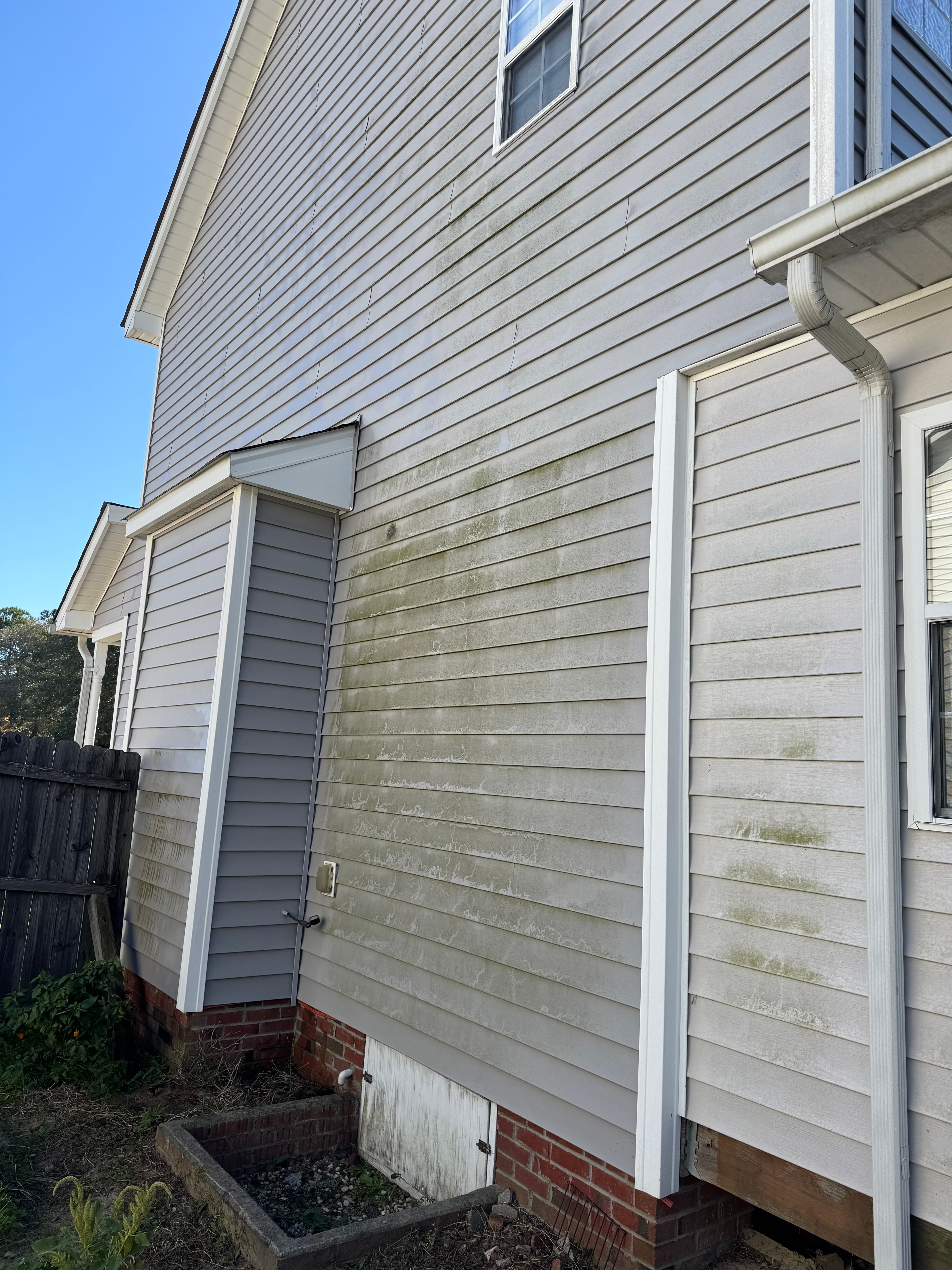 Home exterior covered in green algae and mildew on vinyl siding in Fayetteville NC