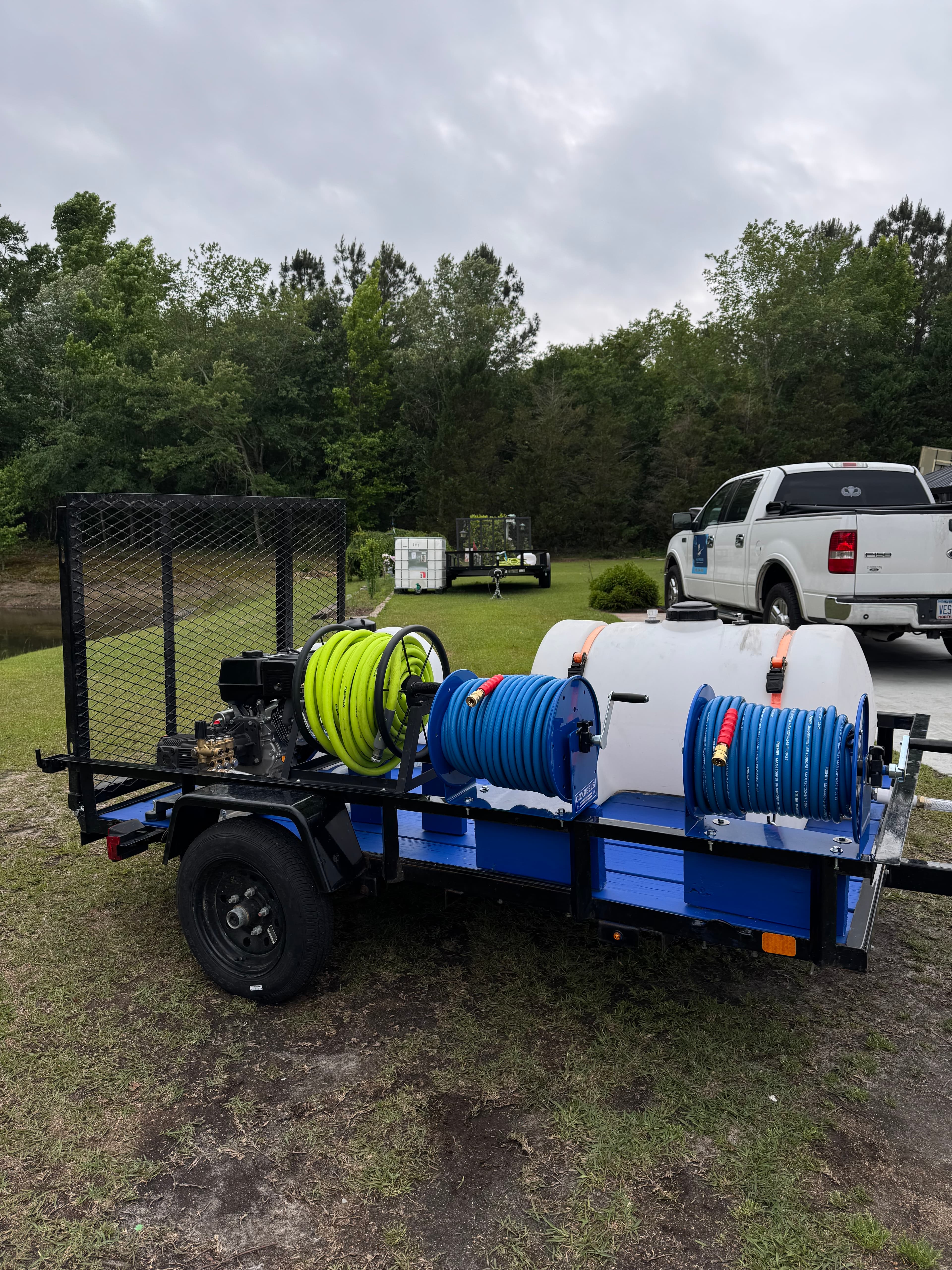 Max Pressure blue pressure washing trailer — commercial-grade equipment in Fayetteville NC