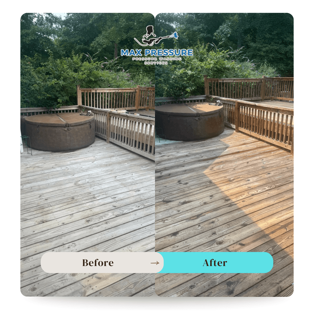 Freshly stained wood deck in Fayetteville NC after Max Pressure cleaning and staining